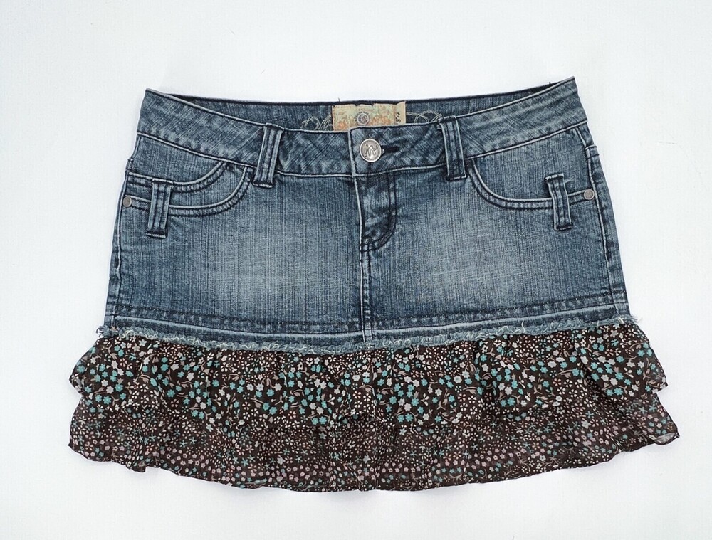 American Rag cie Skirt Women Teens 3 Blue Denim Tiered Ruffle Hem Pockets Mini
